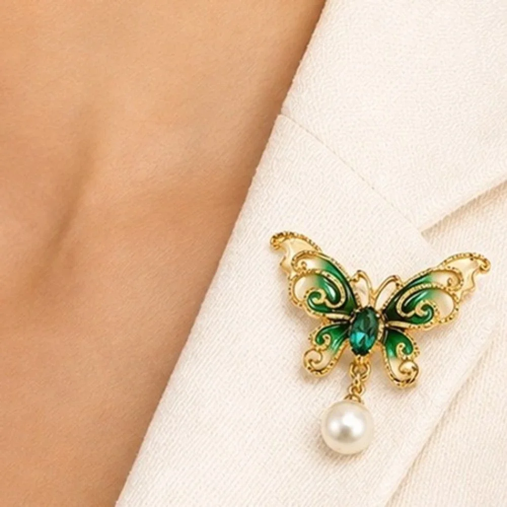 Butterfly Enamel Brooch Gold Tone Crystal Pearl Drop Pin Scroll work Detail